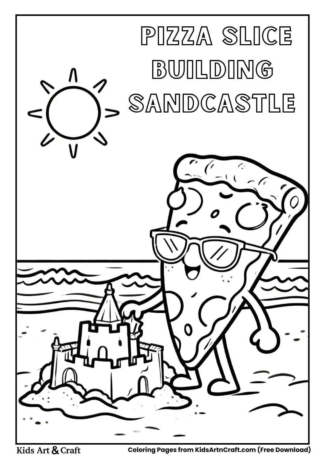 Pizza slice building a sandcastle at the beach coloring page