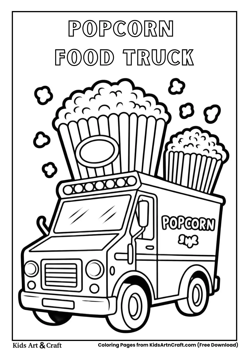 popcorn food truck with big popcorn bucket sign black and white coloring page