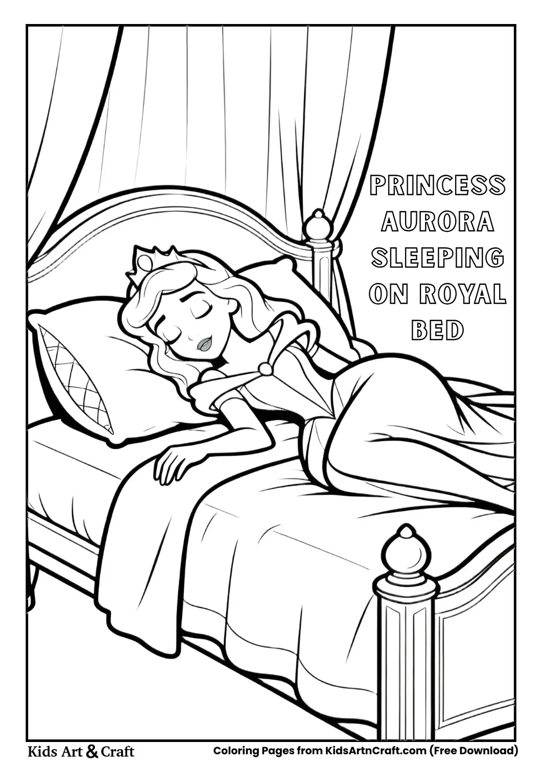 Princess Aurora sleeping on royal bed black and white coloring page