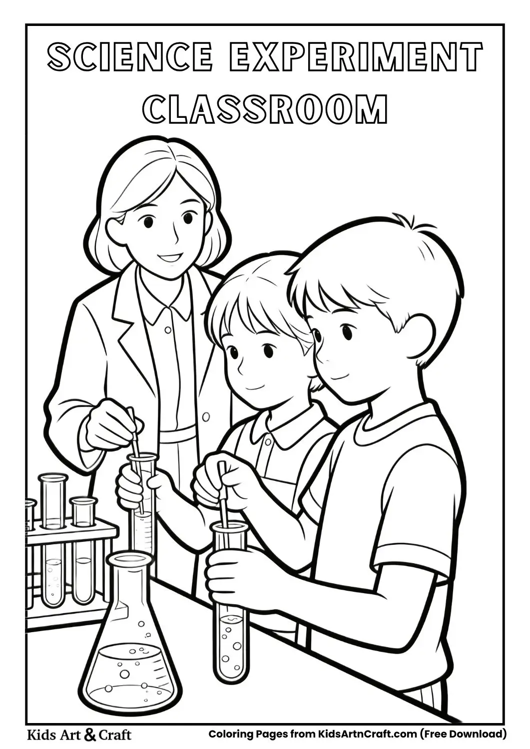 Kids mixing liquids in beakers in school lab coloring page