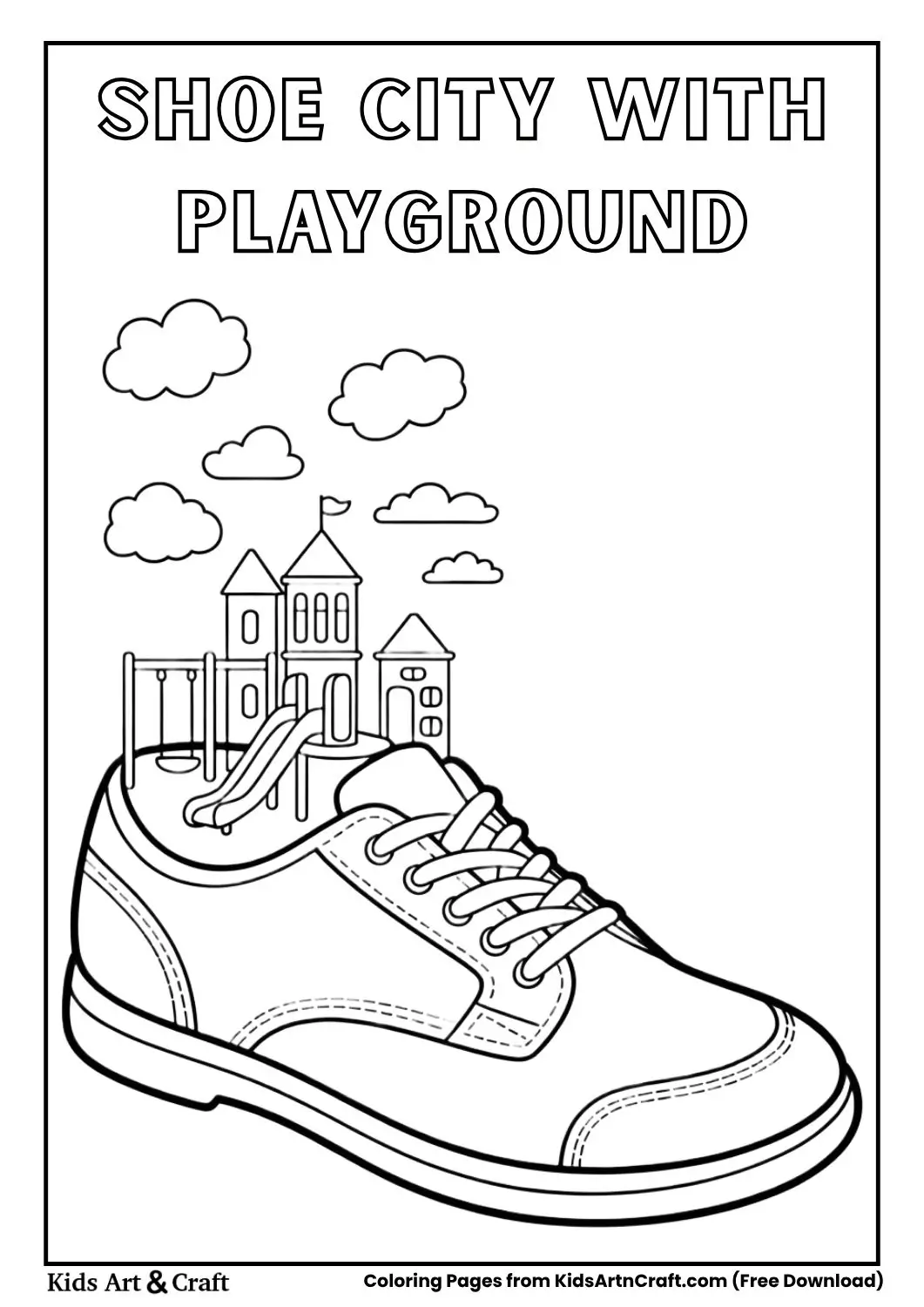 Shoe with a small city and playground inside black and white coloring page for children