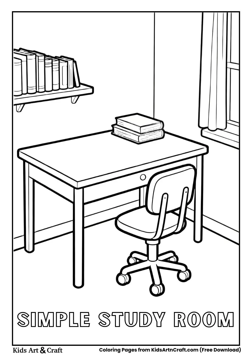 simple study room black and white coloring page with desk chair and books