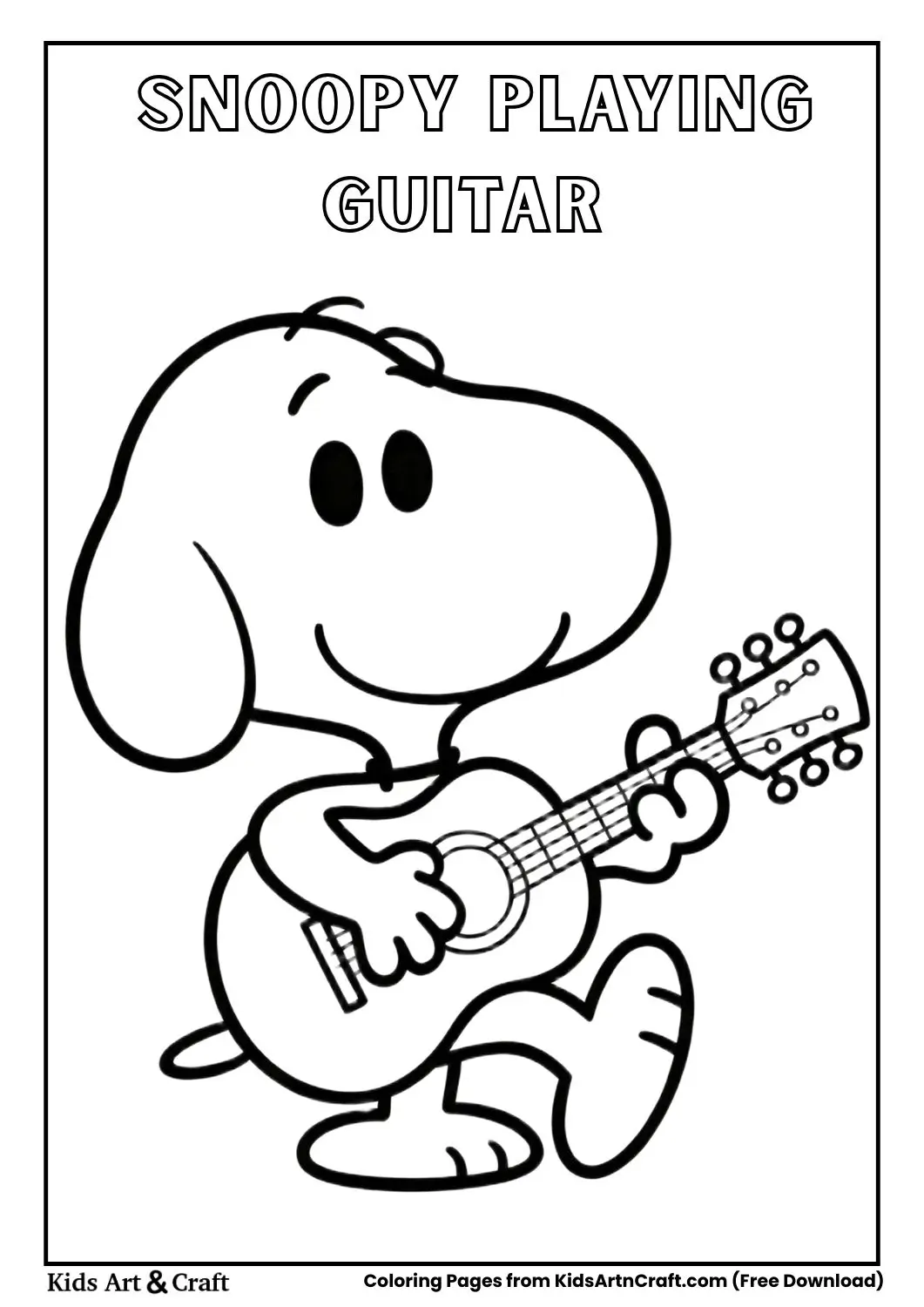 Snoopy playing guitar simple cartoon black and white coloring page