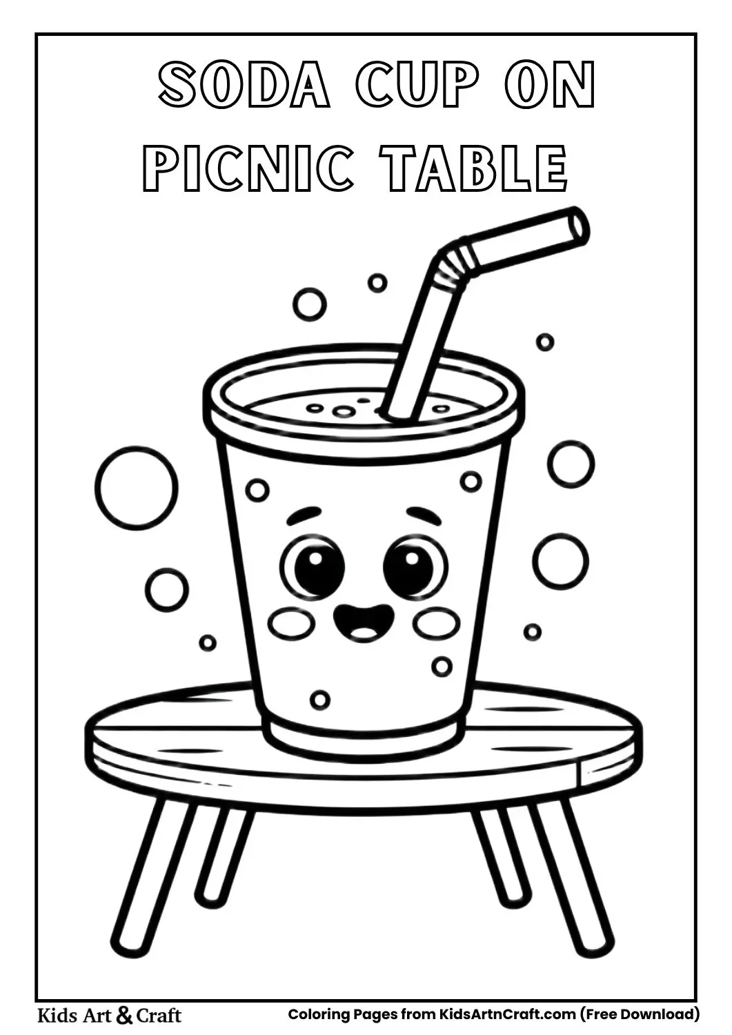 cartoon soda cup on picnic table with straw and bubbles black and white coloring page for kids