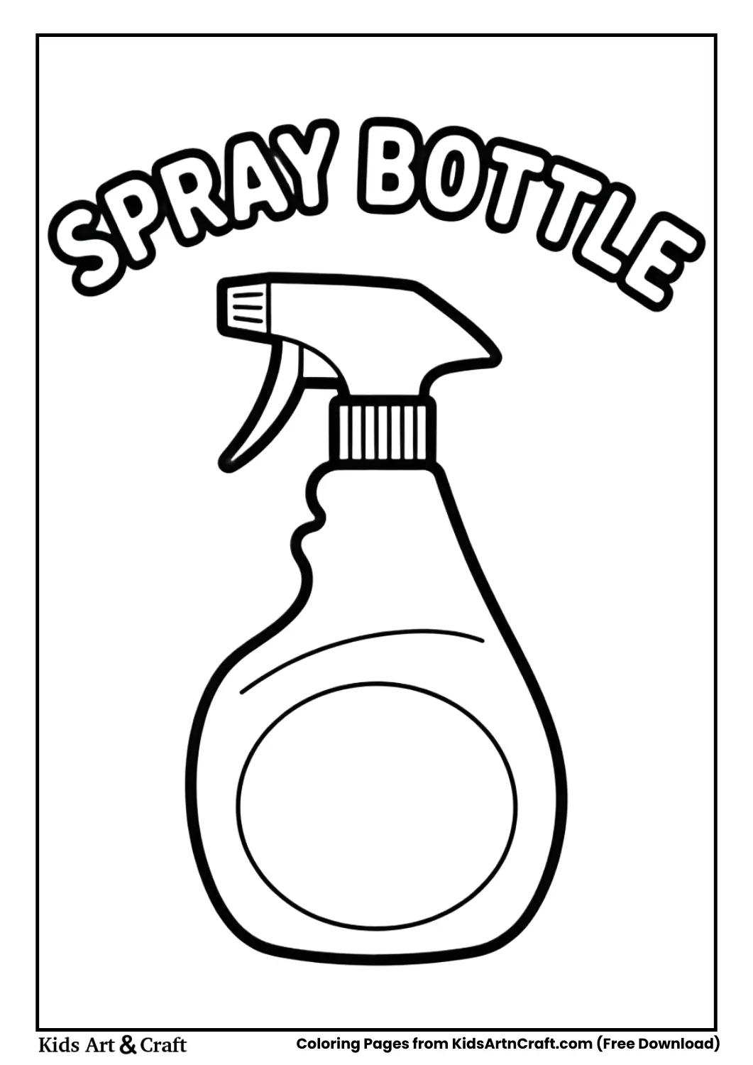 Black and white spray bottle coloring page with bold outlines and bubble letter label