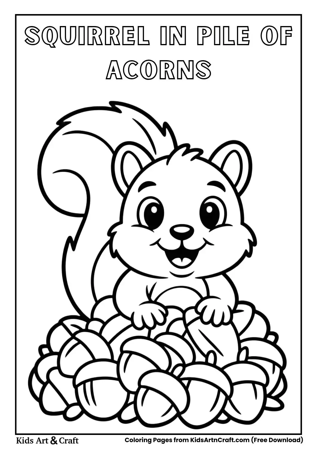 cute squirrel peeking from pile of acorns black and white coloring page