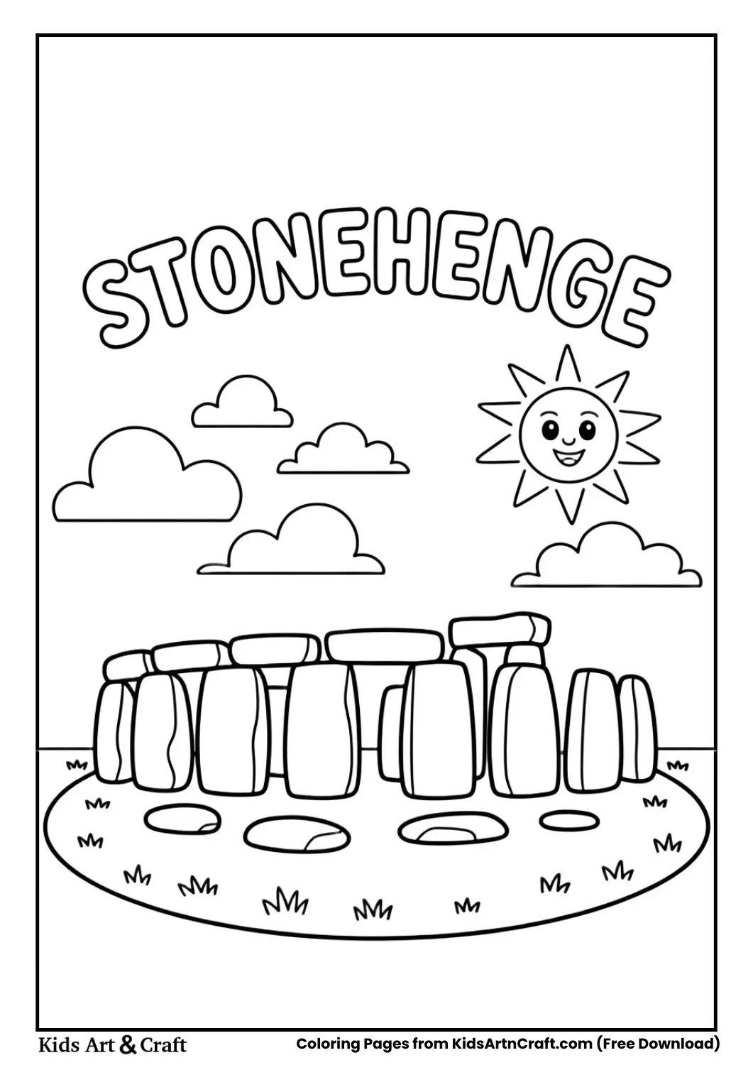 Stonehenge monument coloring page with monument name in bubble letters