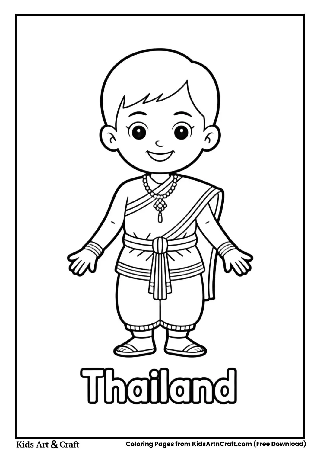 Child wearing Thai traditional costume coloring page with country name Thailand