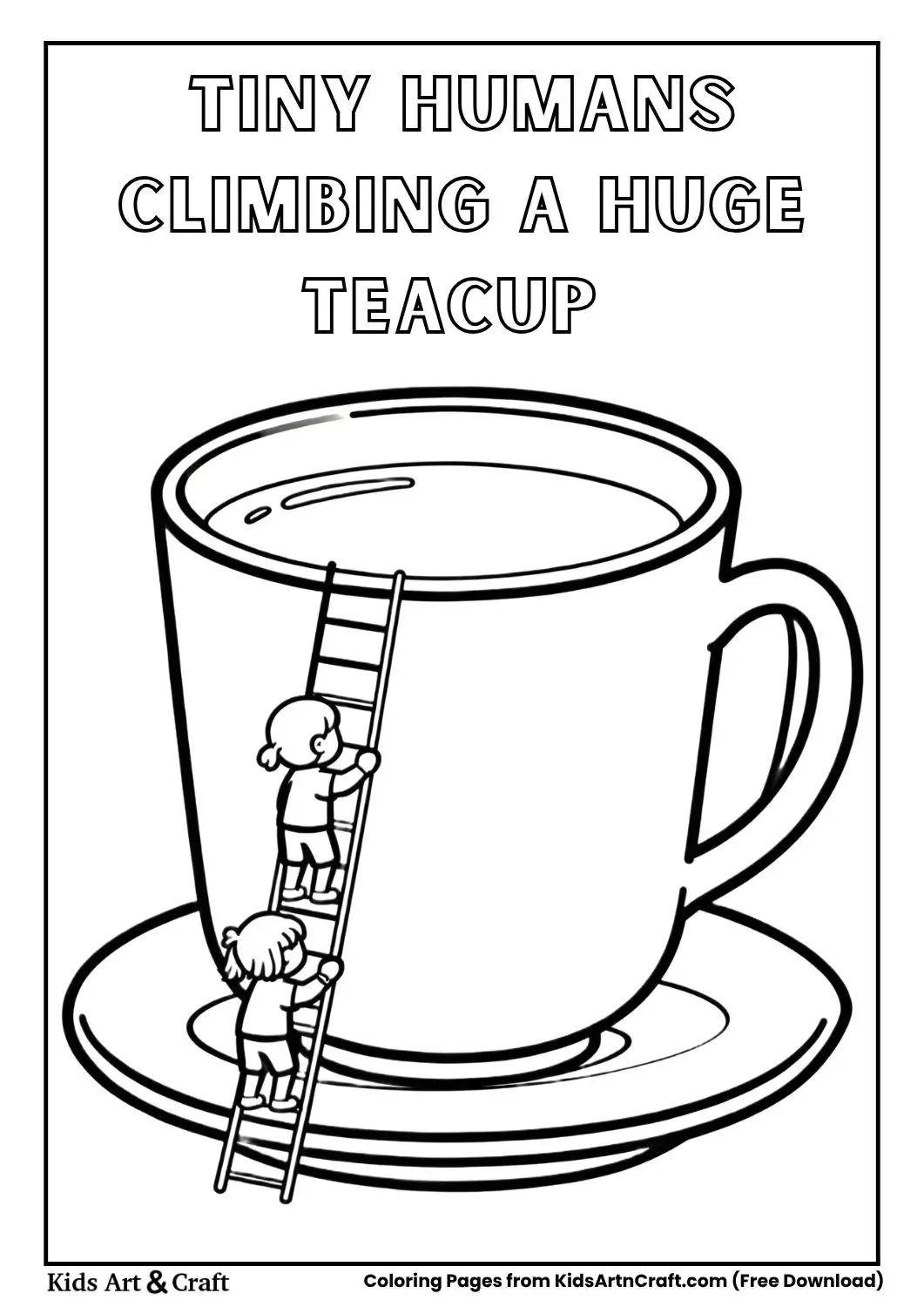 Tiny humans climbing a huge teacup coloring page