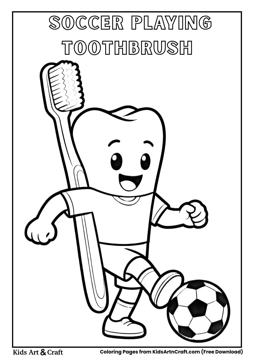 Toothbrush kicking soccer ball happy cartoon coloring page