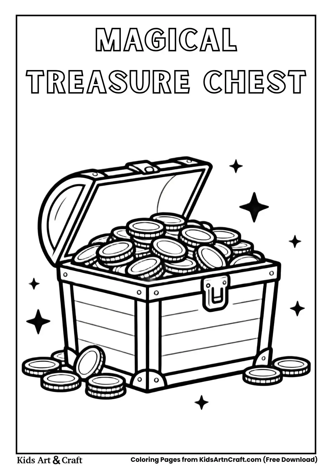 simple treasure chest with coins and stars coloring page for kids