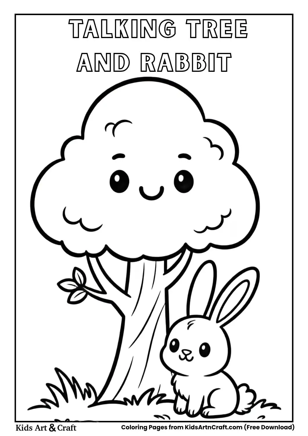 Cute tree with smiling face talking to a rabbit coloring page for kids