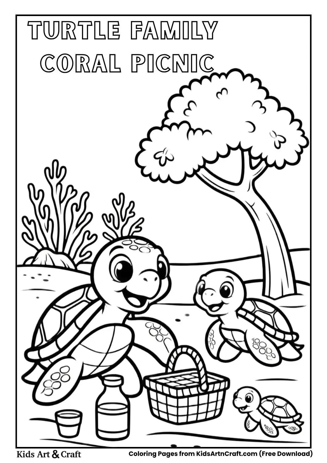 Turtle family picnic near coral coloring page