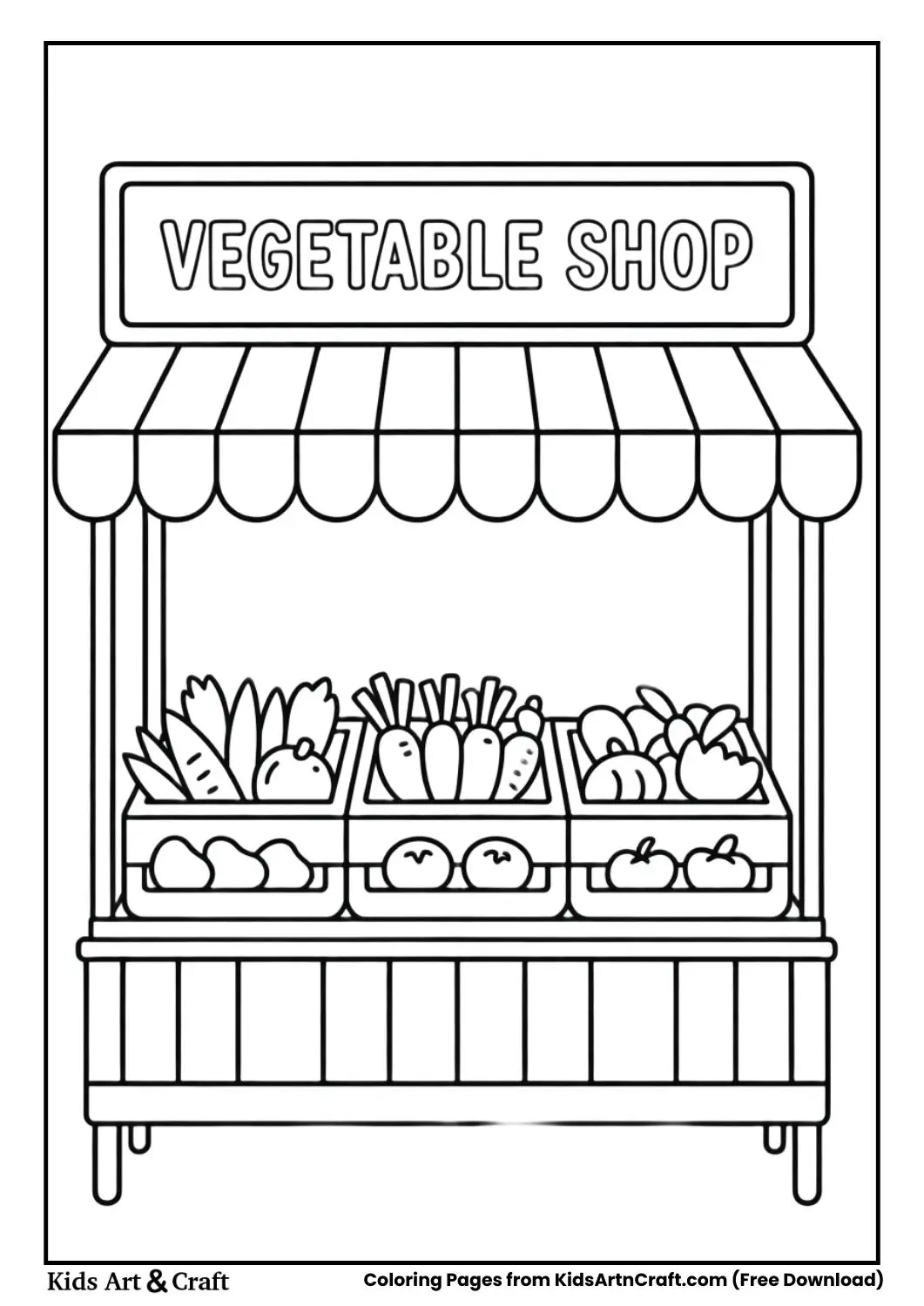 Vegetable Shop coloring page with crates of vegetables