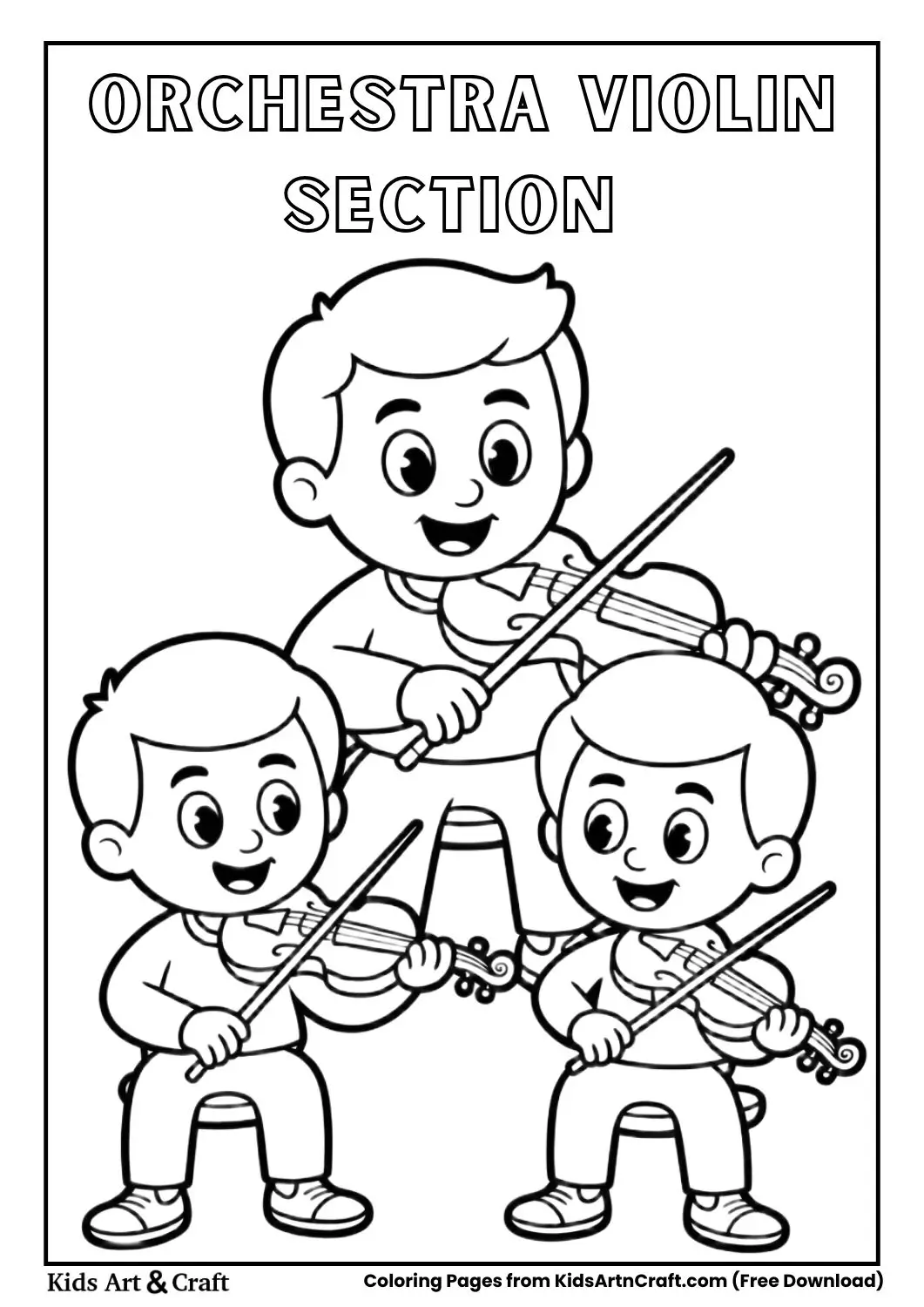 three violin players sitting together orchestra coloring page for kids