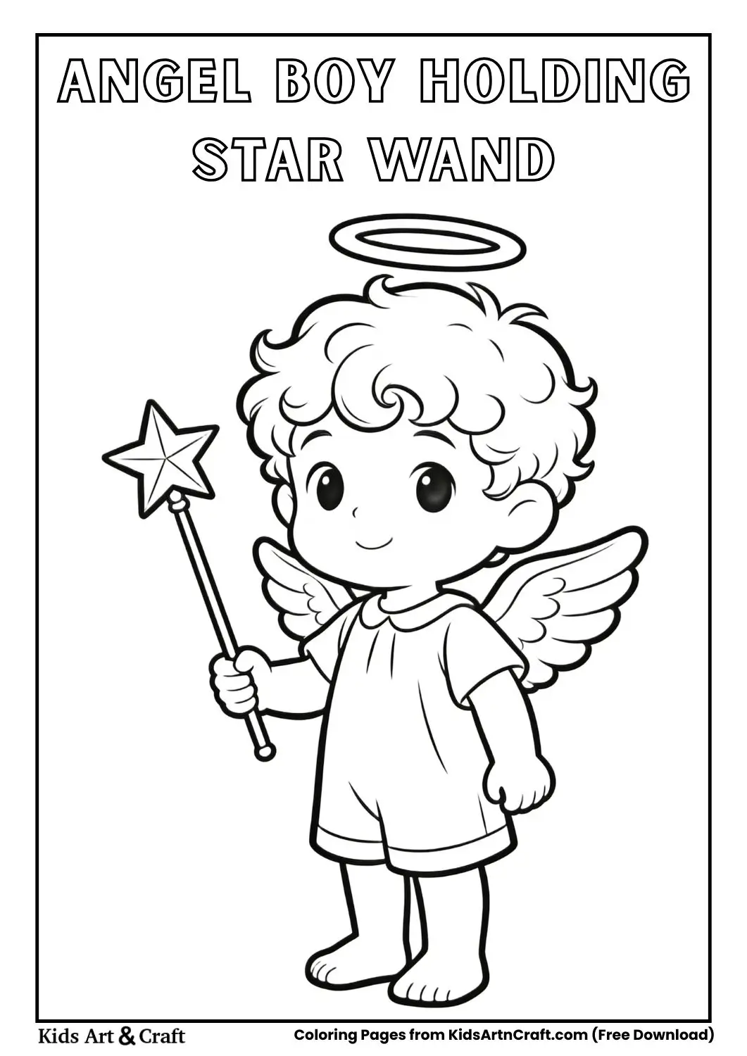 Cute angel boy with star wand outline coloring page