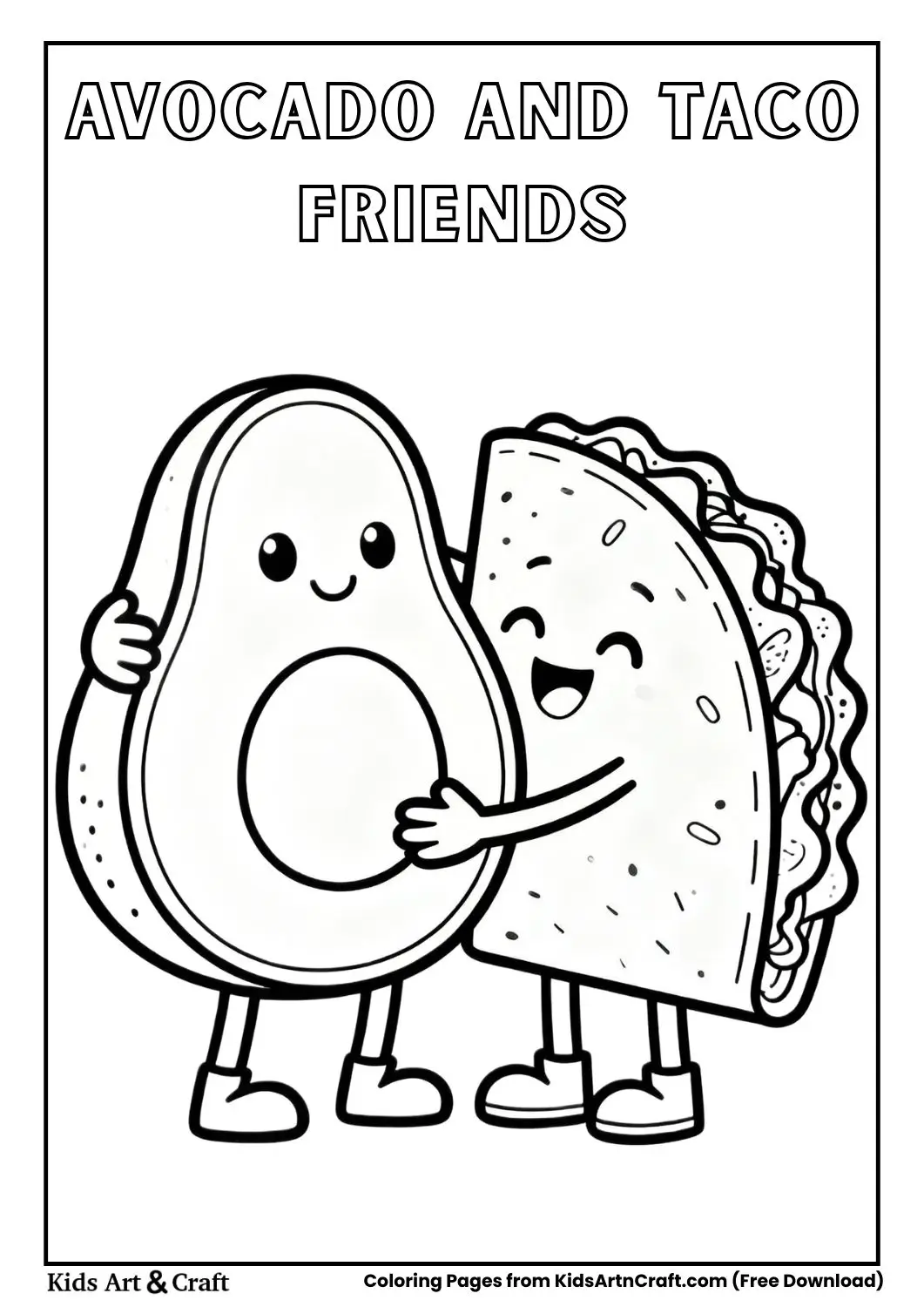 Cute avocado hugging taco cartoon coloring page