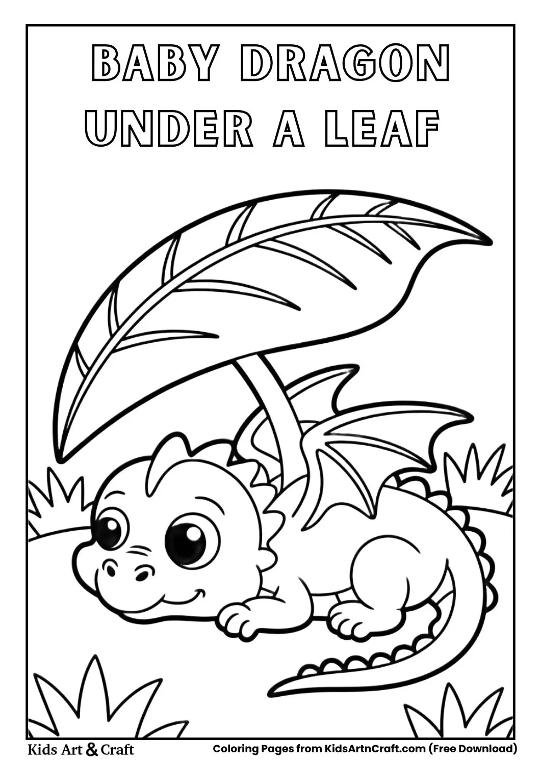 Baby dragon sleeping under a large leaf like a blanket coloring page