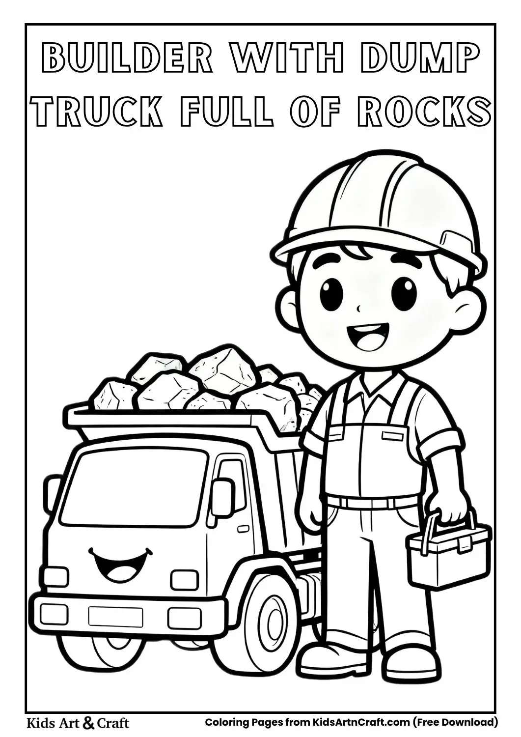Classic cartoon builder with toolbox standing beside smiling dump truck carrying rocks coloring page
