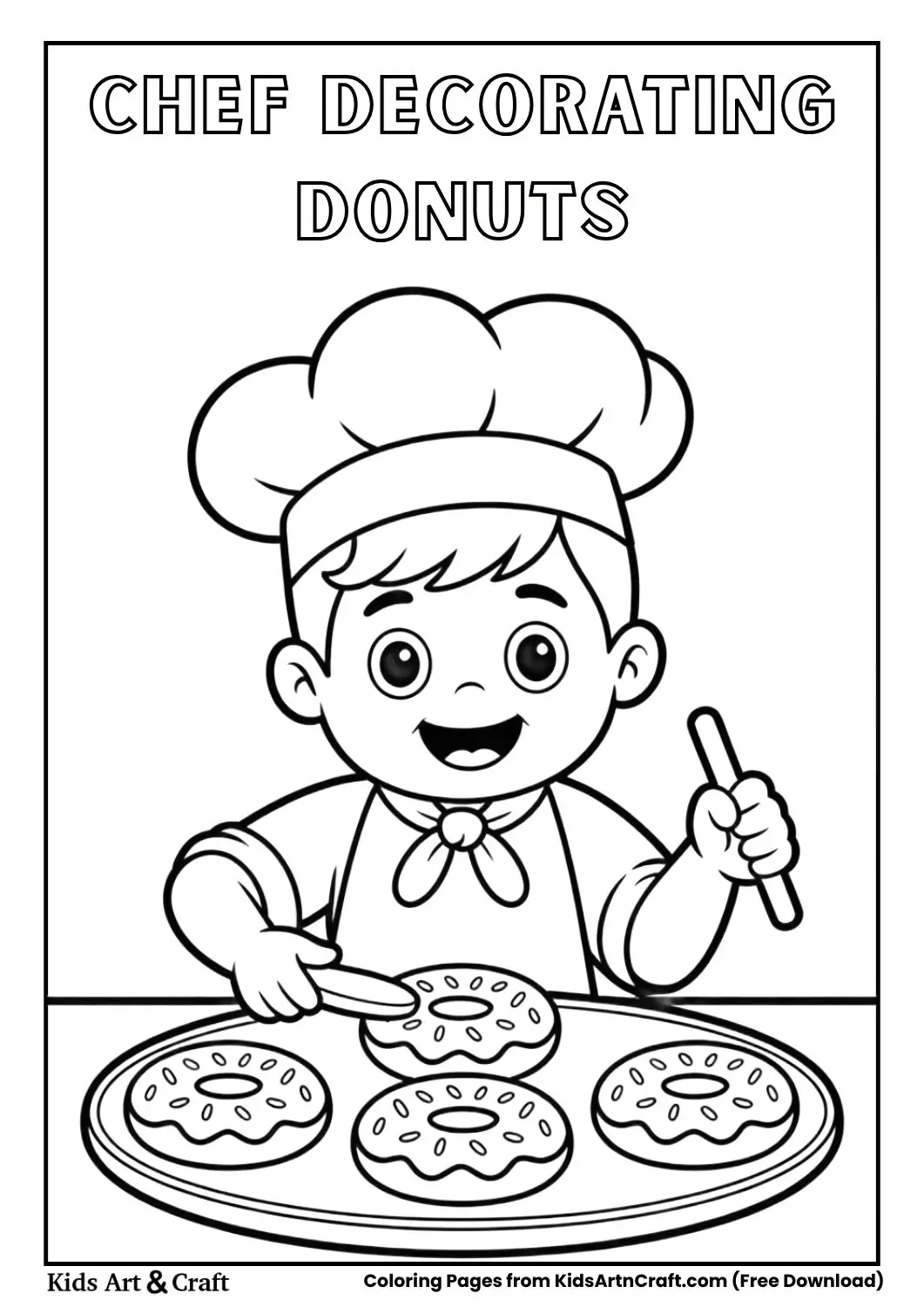cartoon chef decorating donuts with sprinkles coloring page
