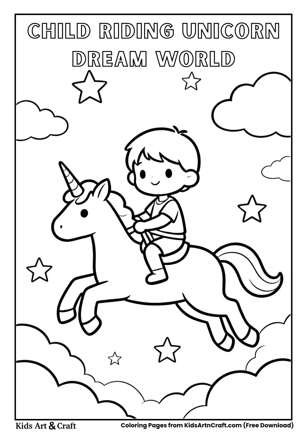 Dream world coloring page of a child riding a unicorn across the sky with stars and clouds in simple black and white line art