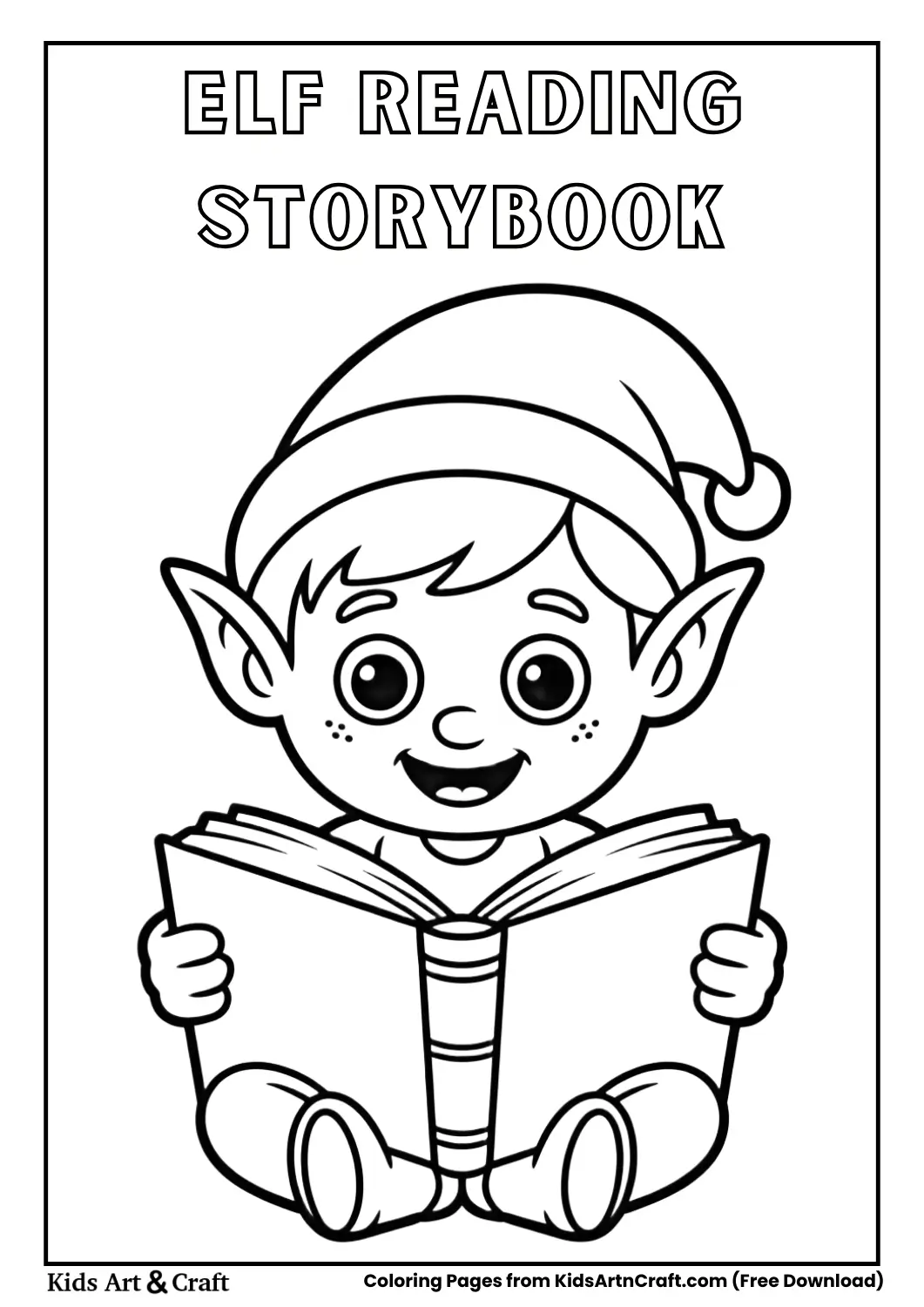 Elf reading a big storybook coloring page