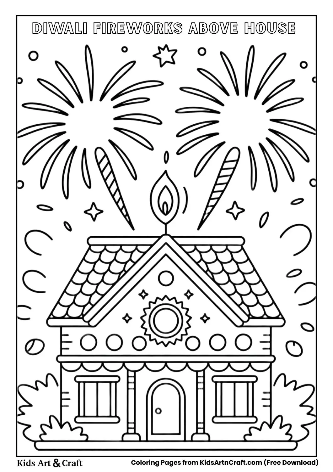 fireworks in the sky above a decorated house coloring page