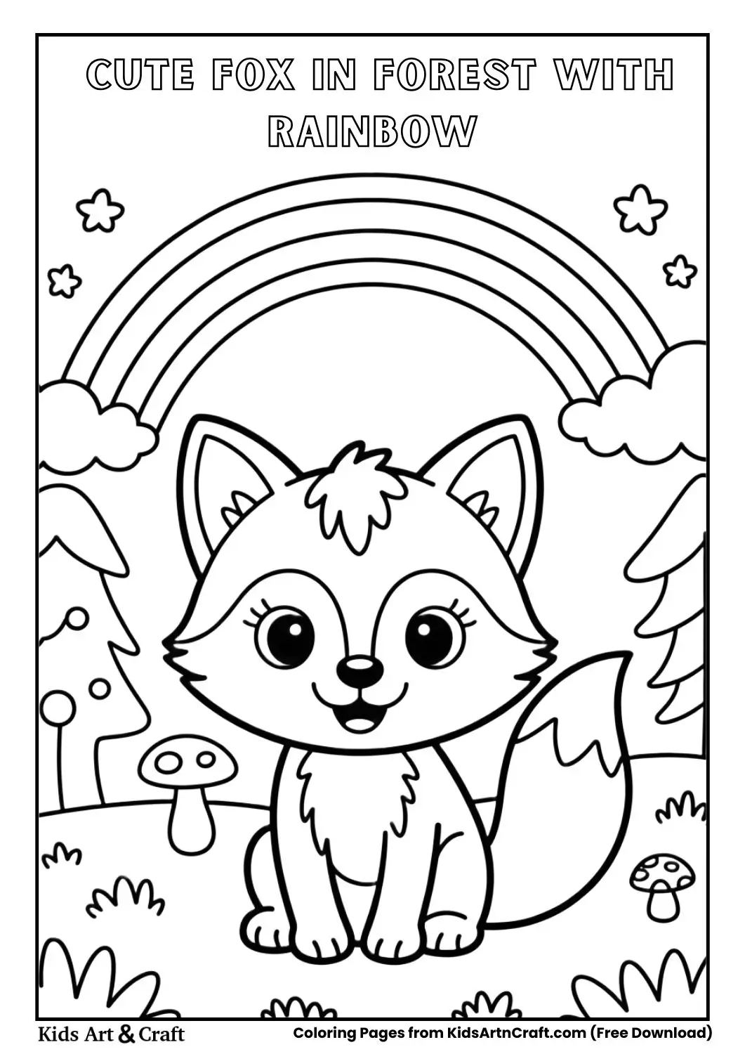 black and white coloring page of a fox sitting near a rainbow in a forest