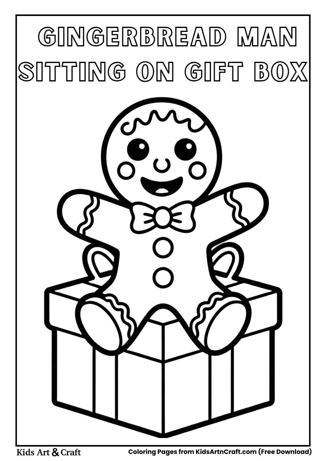 Gingerbread man sitting on present gift box coloring page