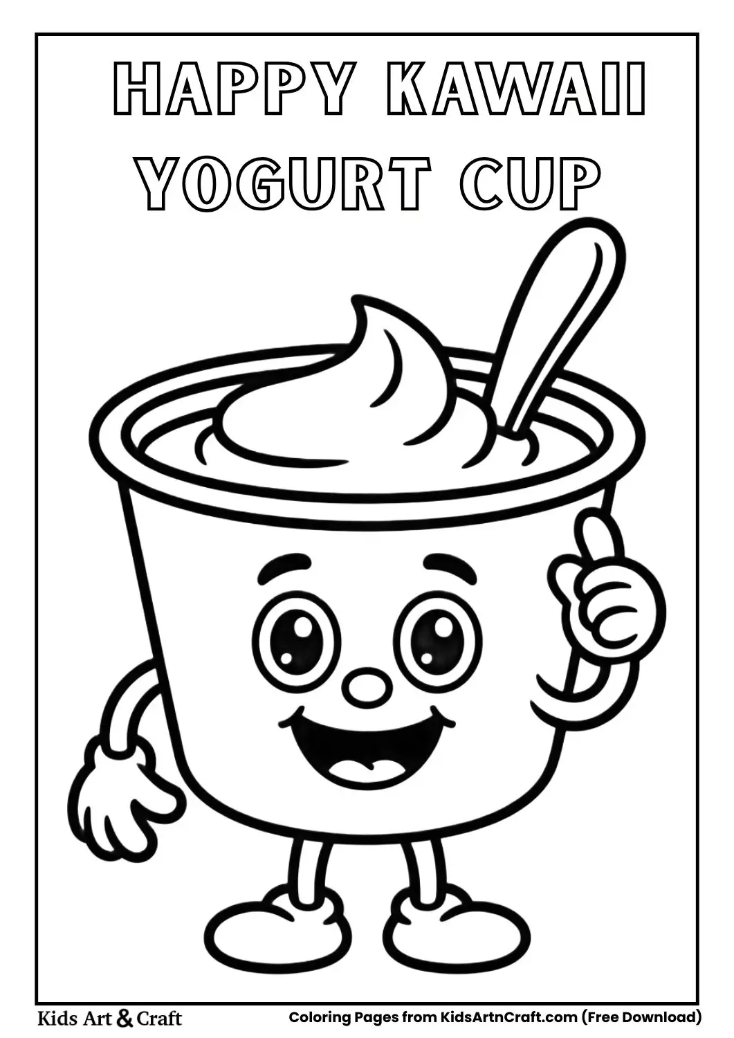 Happy yogurt cup with spoon kawaii coloring page black and white