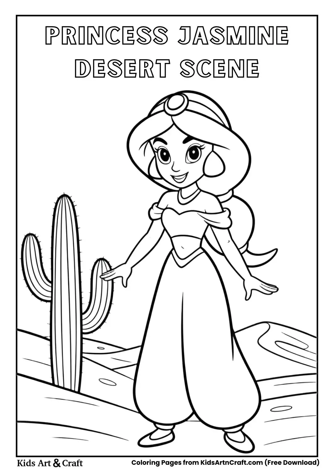 Princess Jasmine in desert with cactus black and white coloring page