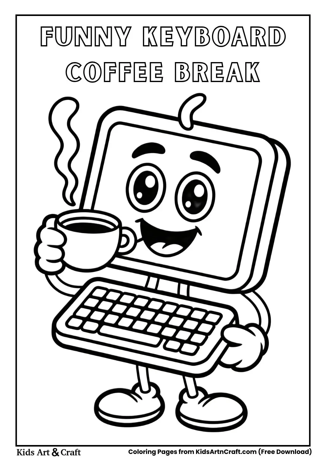 Funny keyboard drinking coffee cartoon coloring page