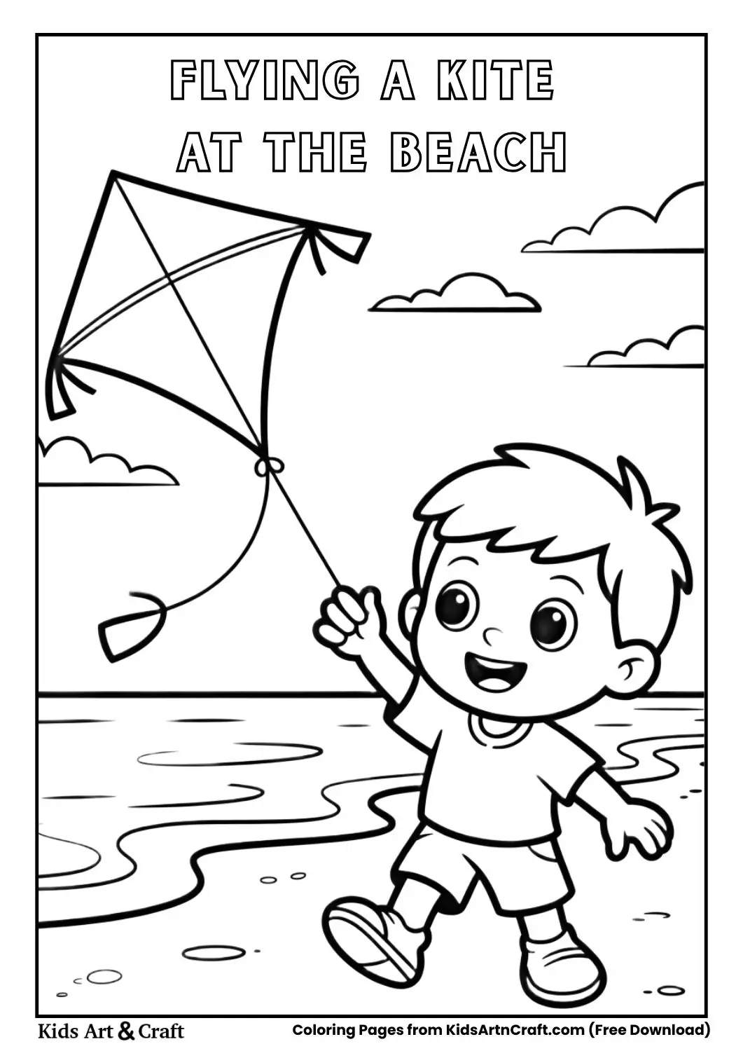 child flying kite on beach coloring page