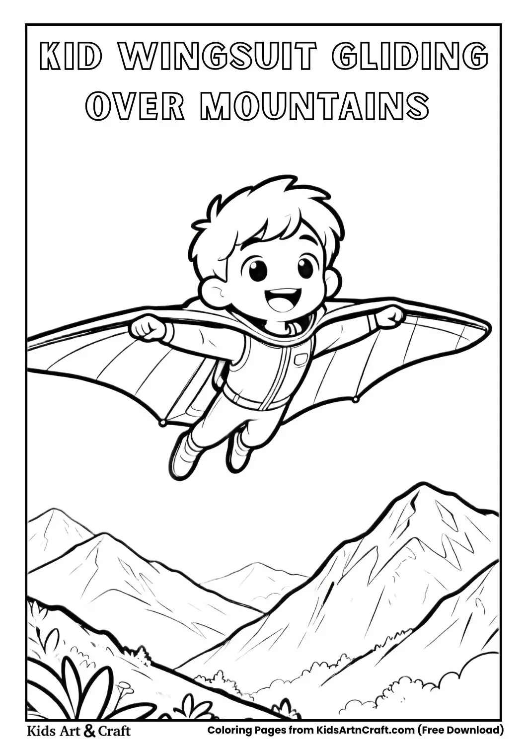 Kid gliding in wingsuit above mountains and clouds coloring page.