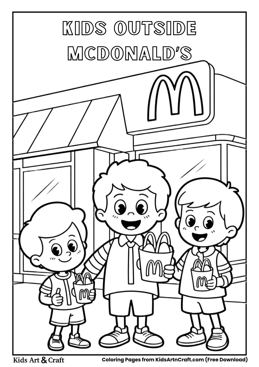 Kids standing outside McDonald’s restaurant holding Happy Meals coloring page