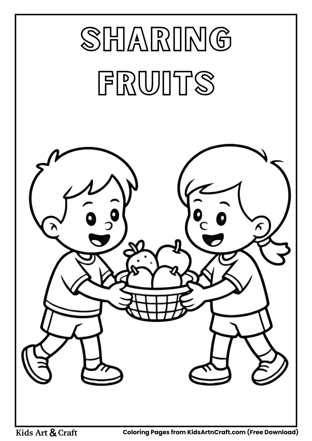 children sharing fruits from basket simple coloring page for kids