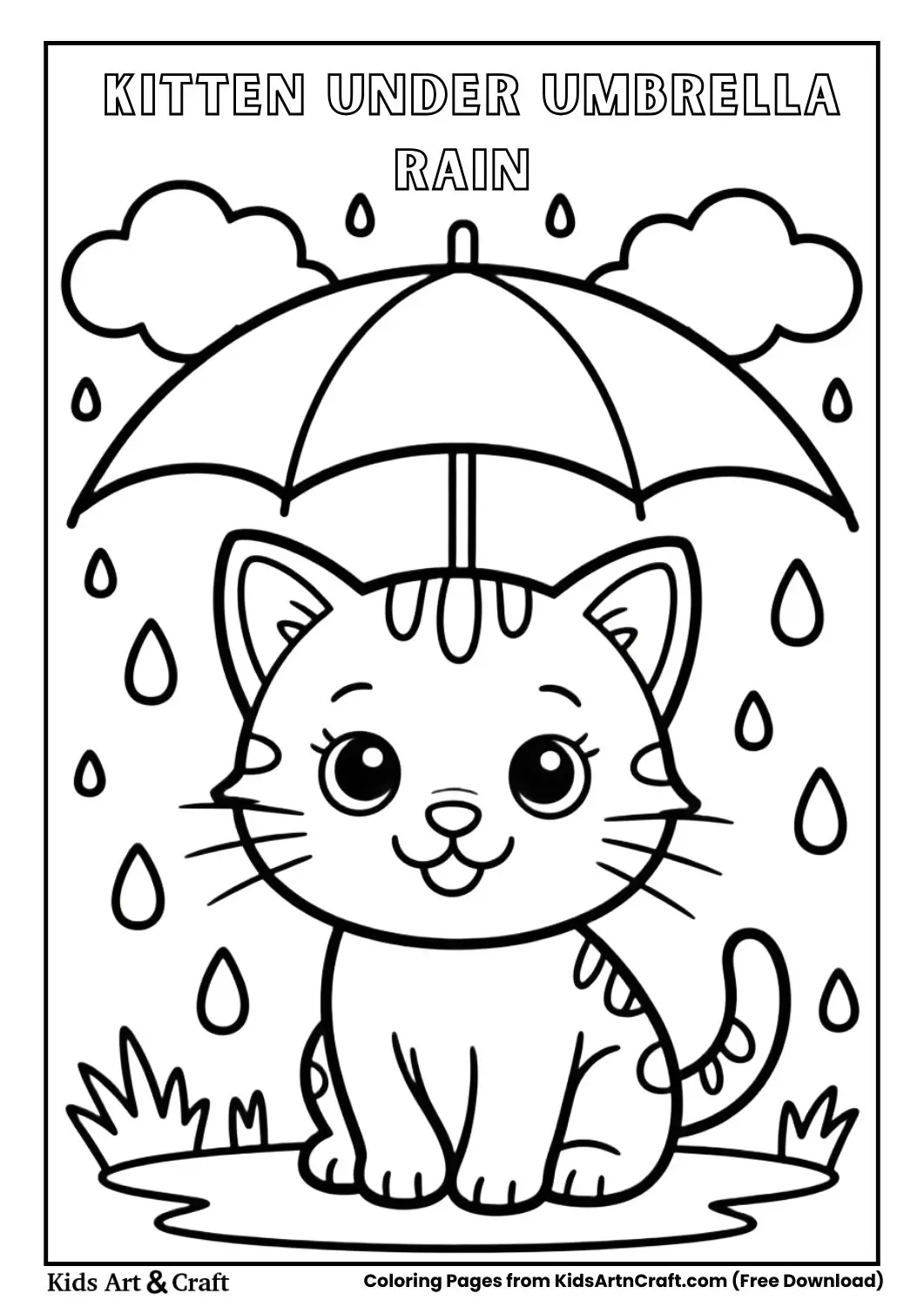 Cute kitten sitting under a small umbrella during rain coloring page.
