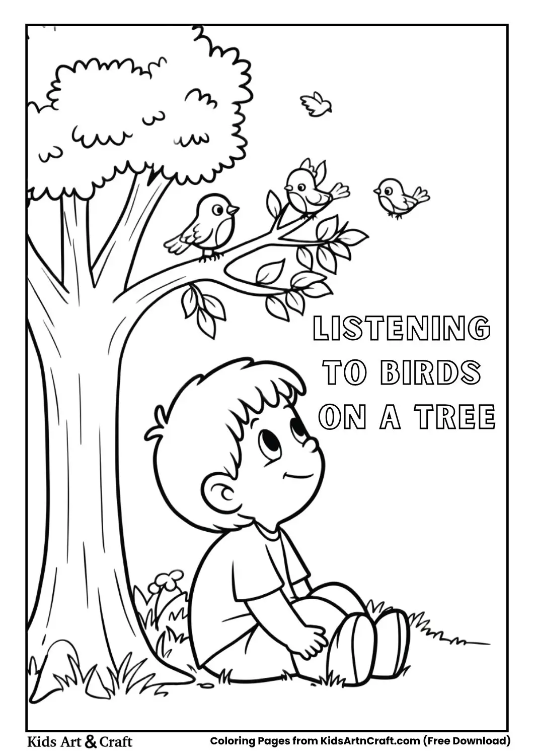 Child sitting under a tree listening to birds coloring page