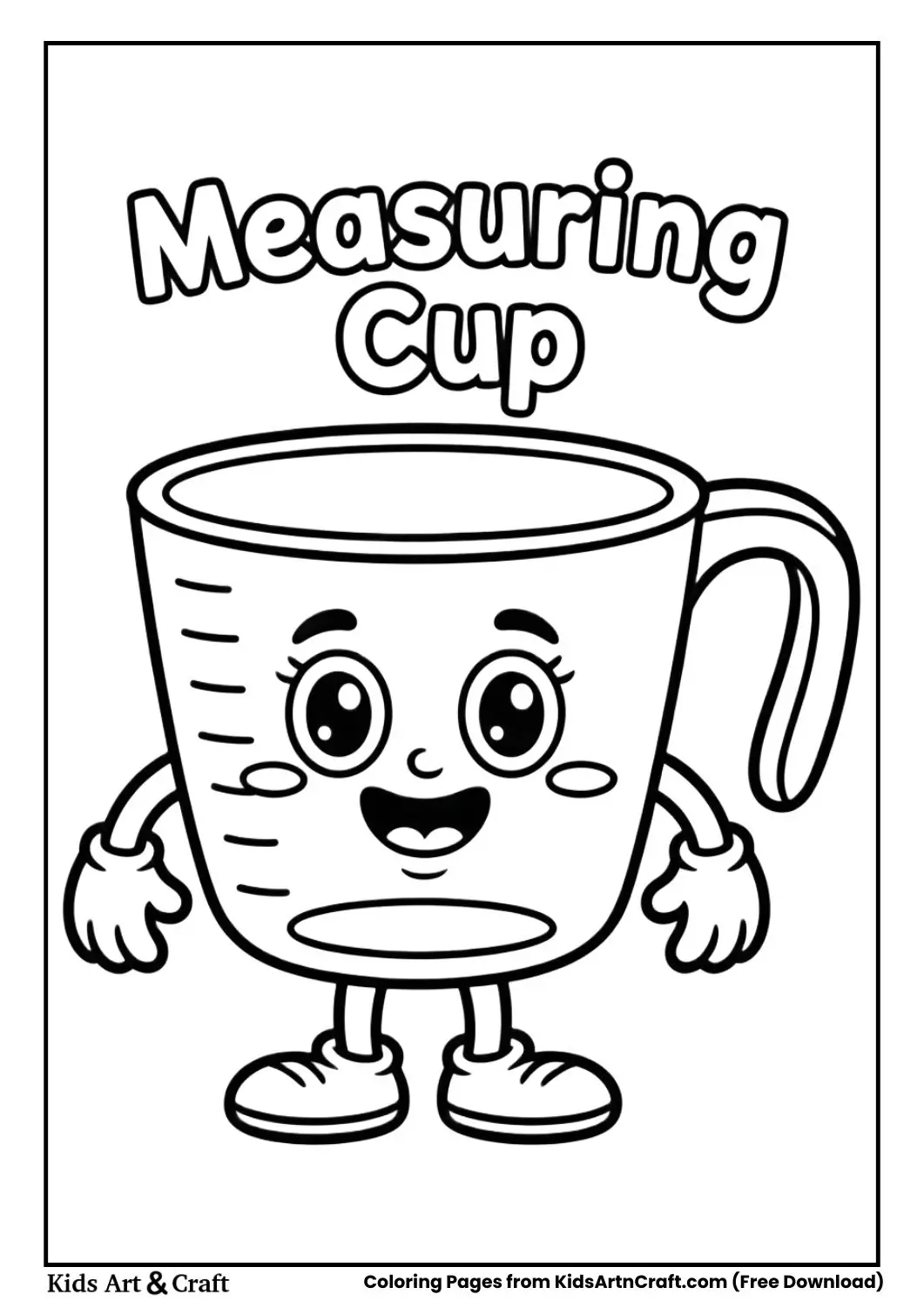 Cartoon measuring cup black and white coloring page with the words MEASURING CUP on top