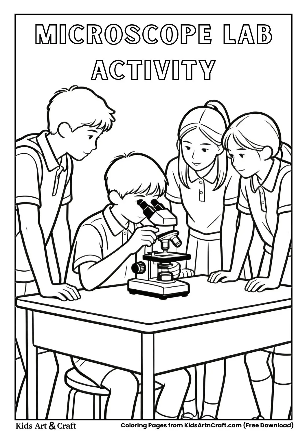 Child looking through microscope in school lab black and white