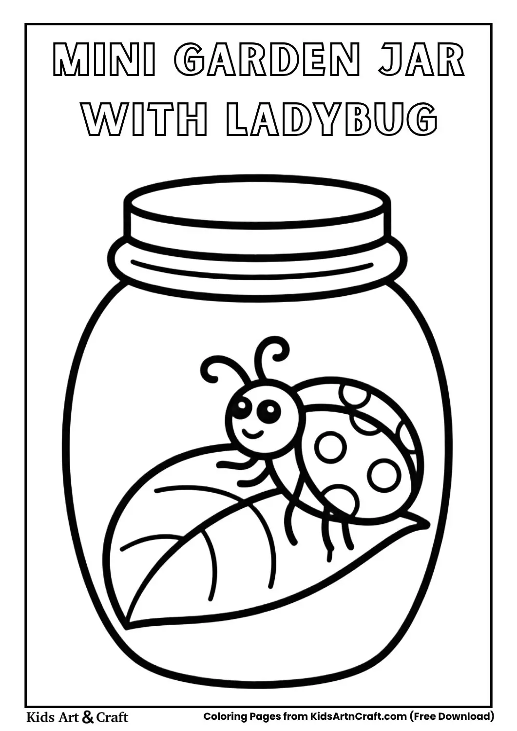 small garden inside a jar with a ladybug on a leaf black and white coloring page for kids