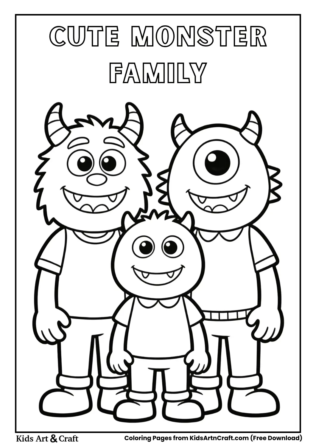 Three smiling cartoon monsters standing together in line art