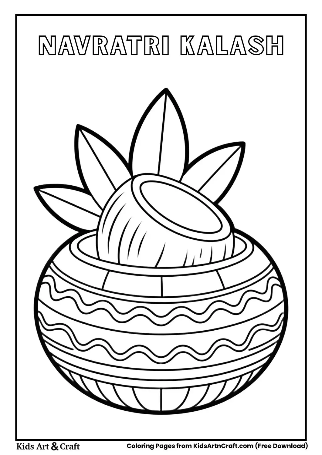 Navratri Kalash with coconut and leaves coloring page