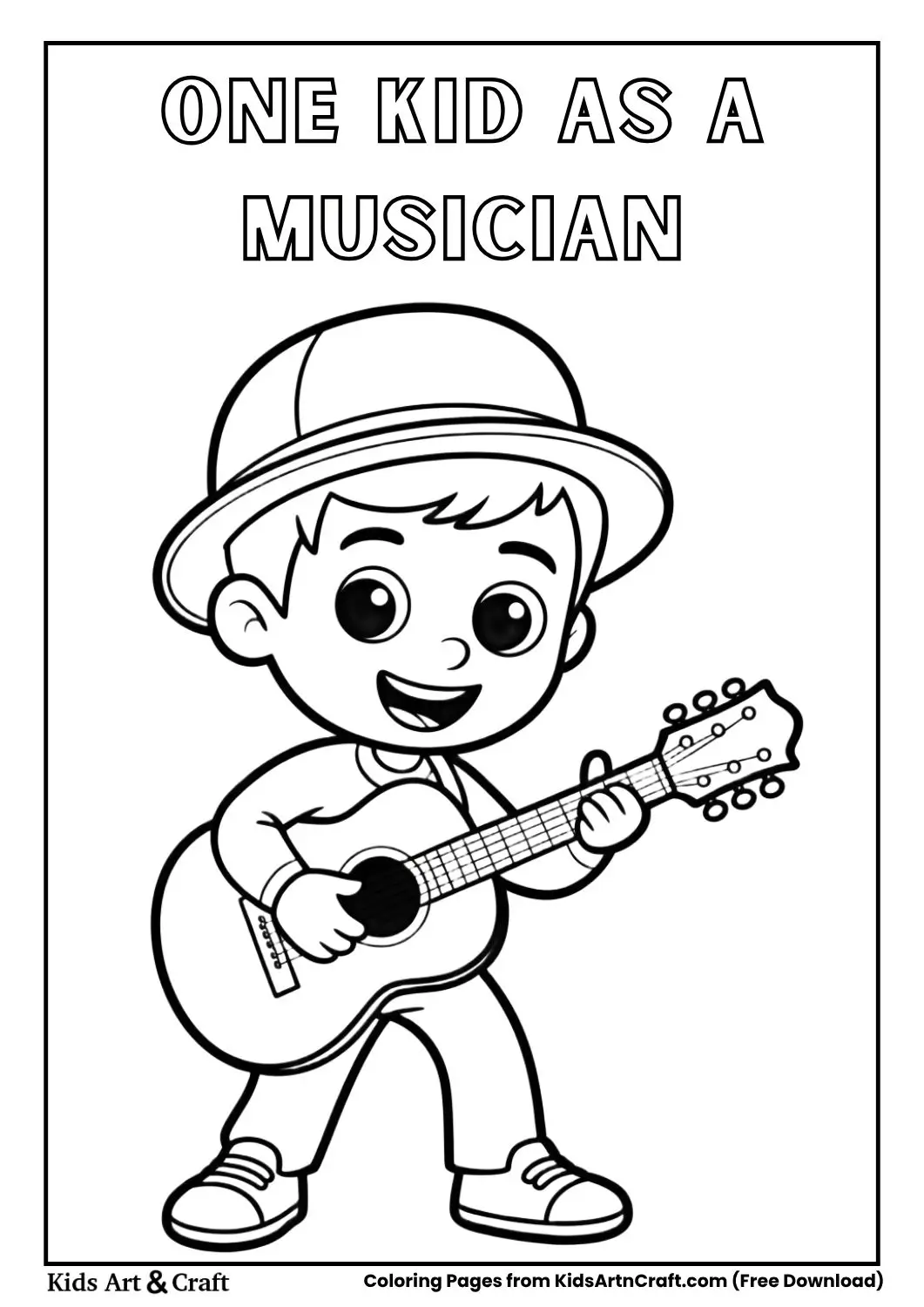 black and white coloring page of a child playing a guitar and smiling happily