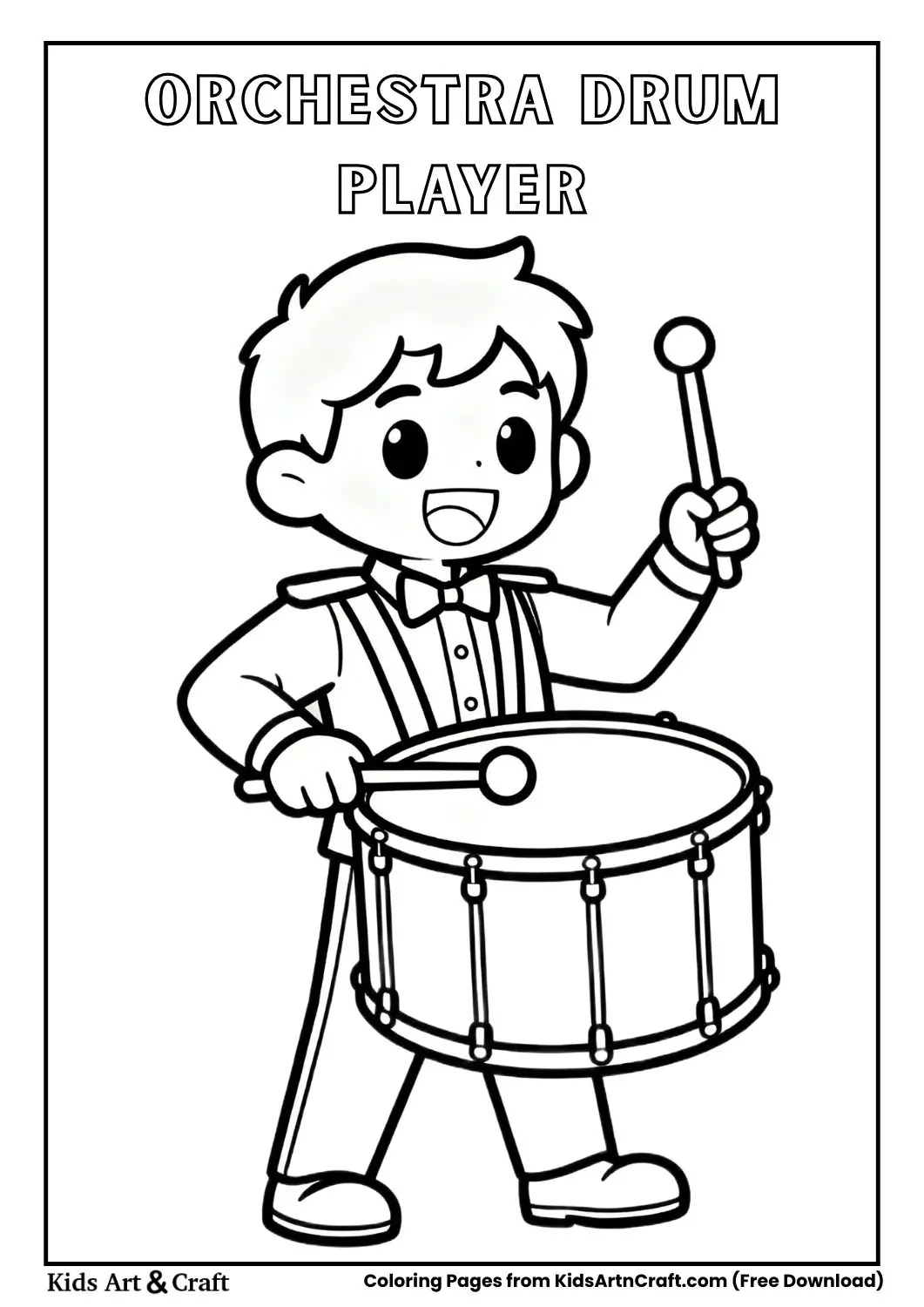 cartoon drum player hitting large orchestra drum kids coloring page
