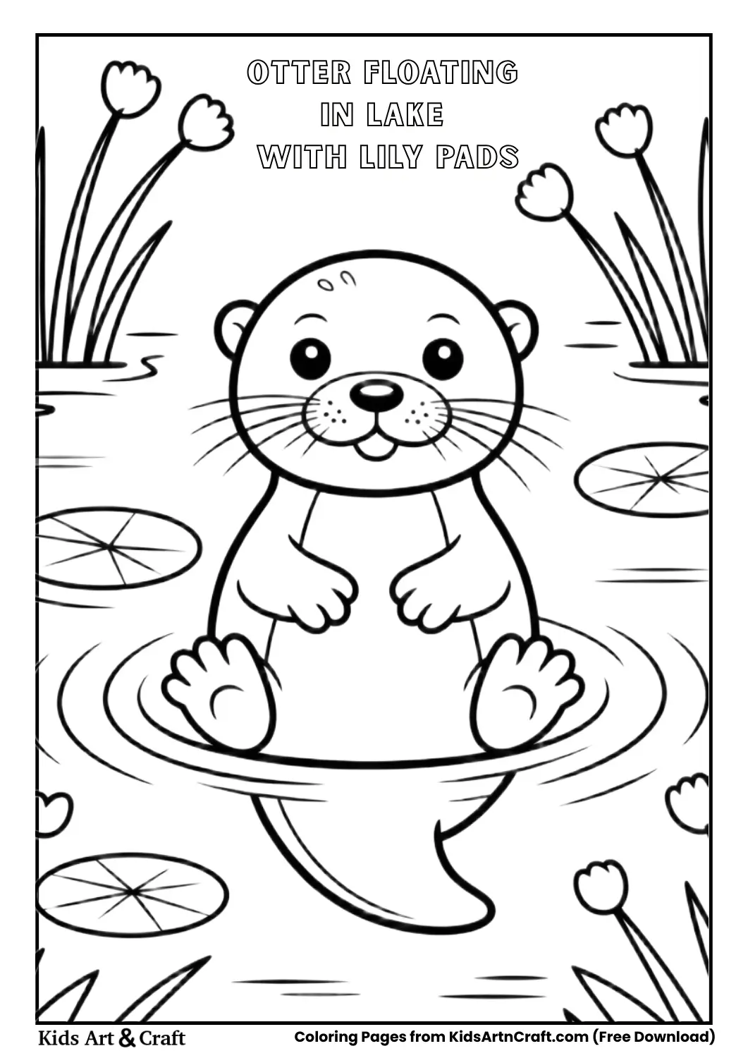 Cute otter floating in lake with lily pads simple outline coloring page.