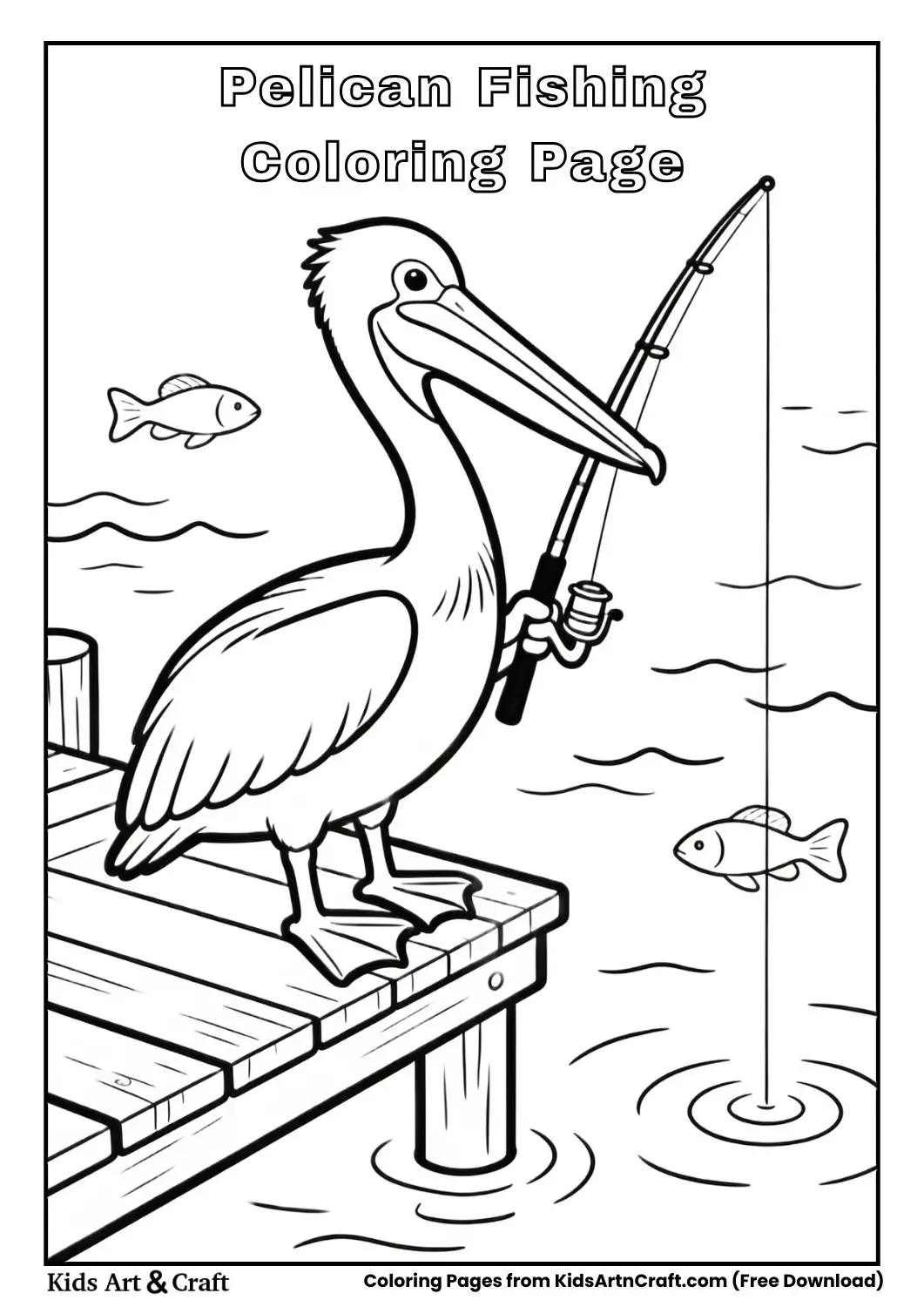 Pelican holding fishing rod black and white coloring sheet