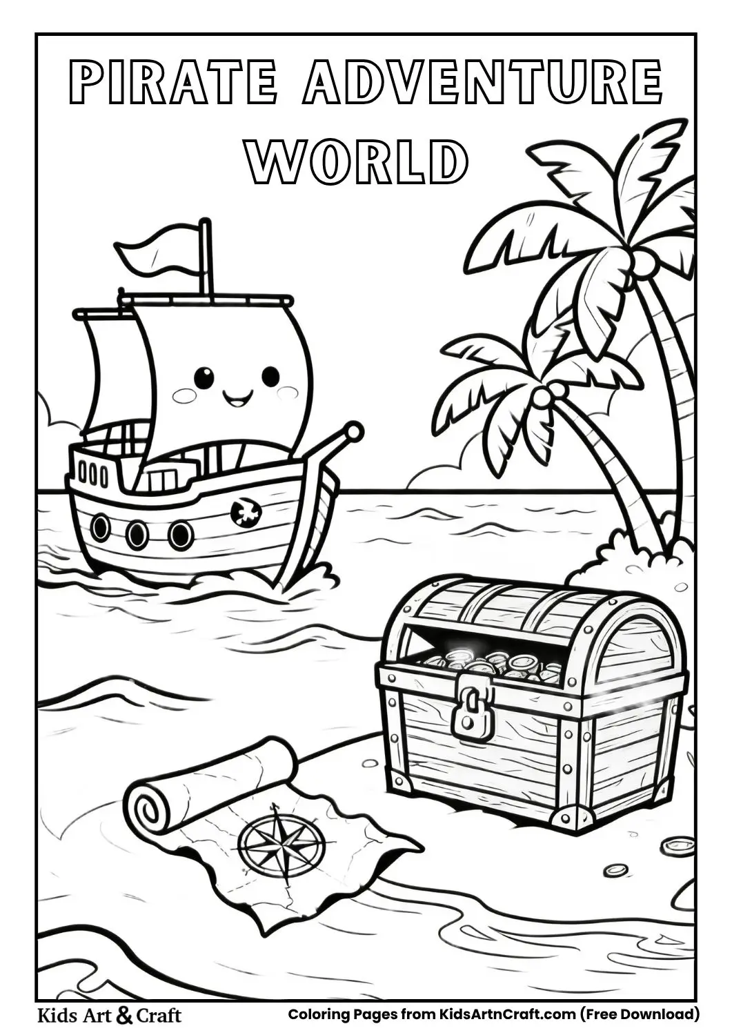 pirate adventure world coloring page with pirate ship treasure chest palm trees and ocean