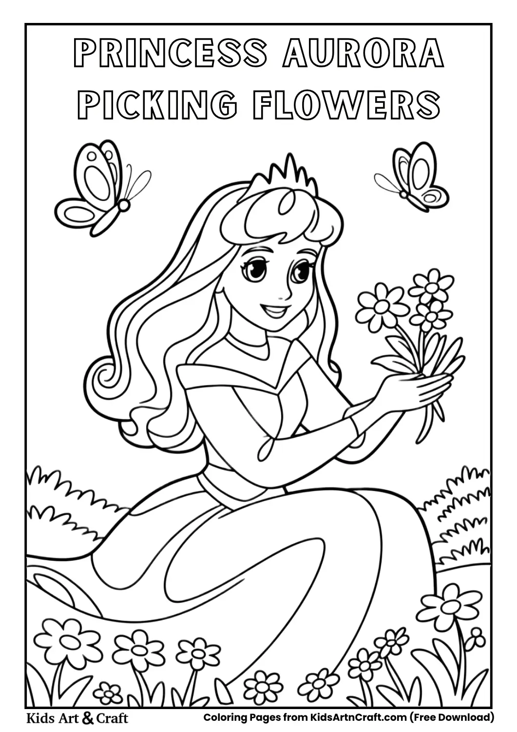 Princess Aurora picking flowers in meadow coloring page