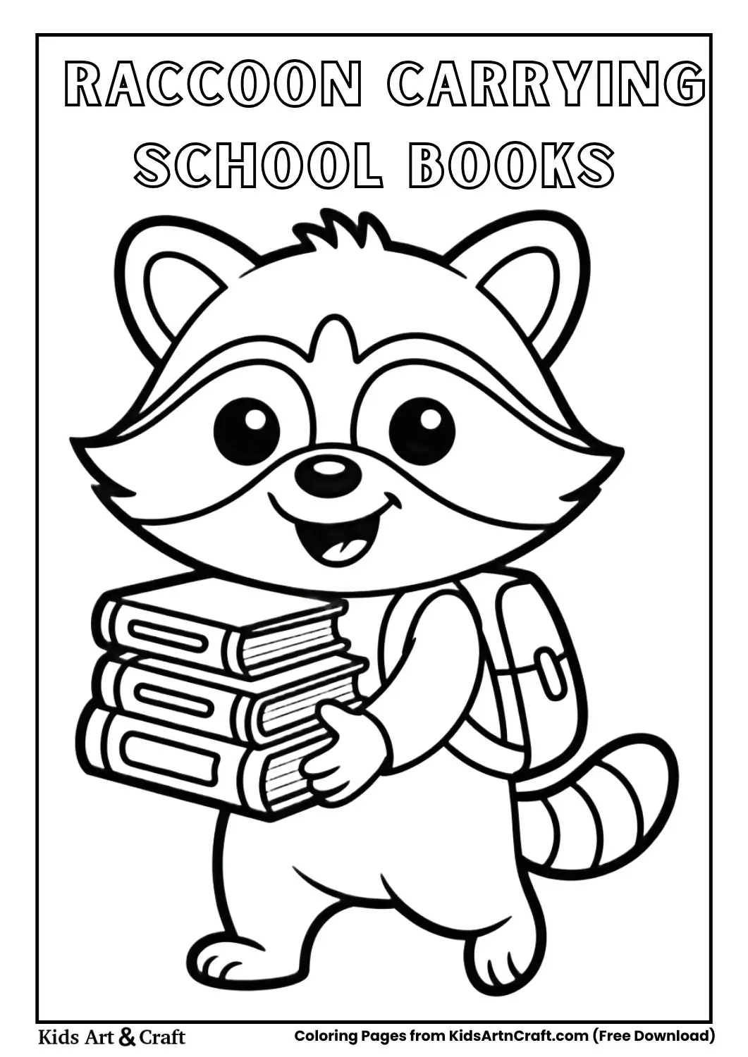 Cute raccoon carrying books and wearing a backpack coloring page